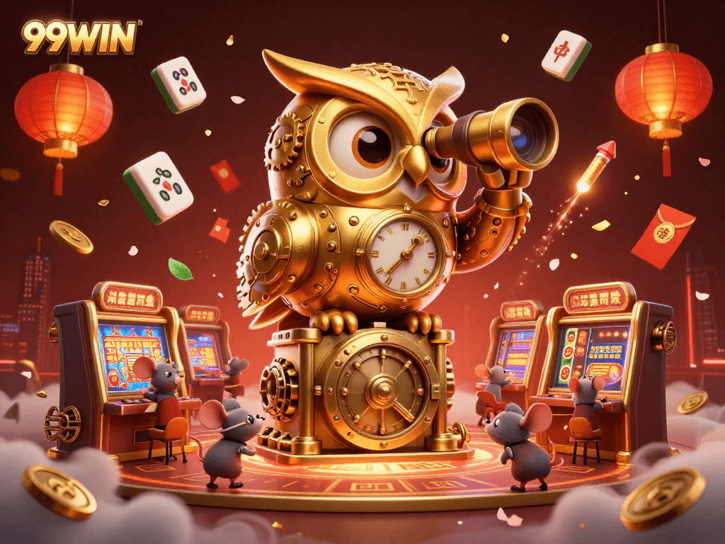 Engage with exciting casino action at 99WIN featuring a cartoon clockwork owl and vibrant slot machines.