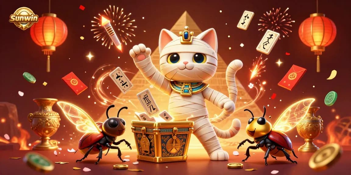 Play exciting sunwin games with vibrant characters bursting from a golden sarcophagus.