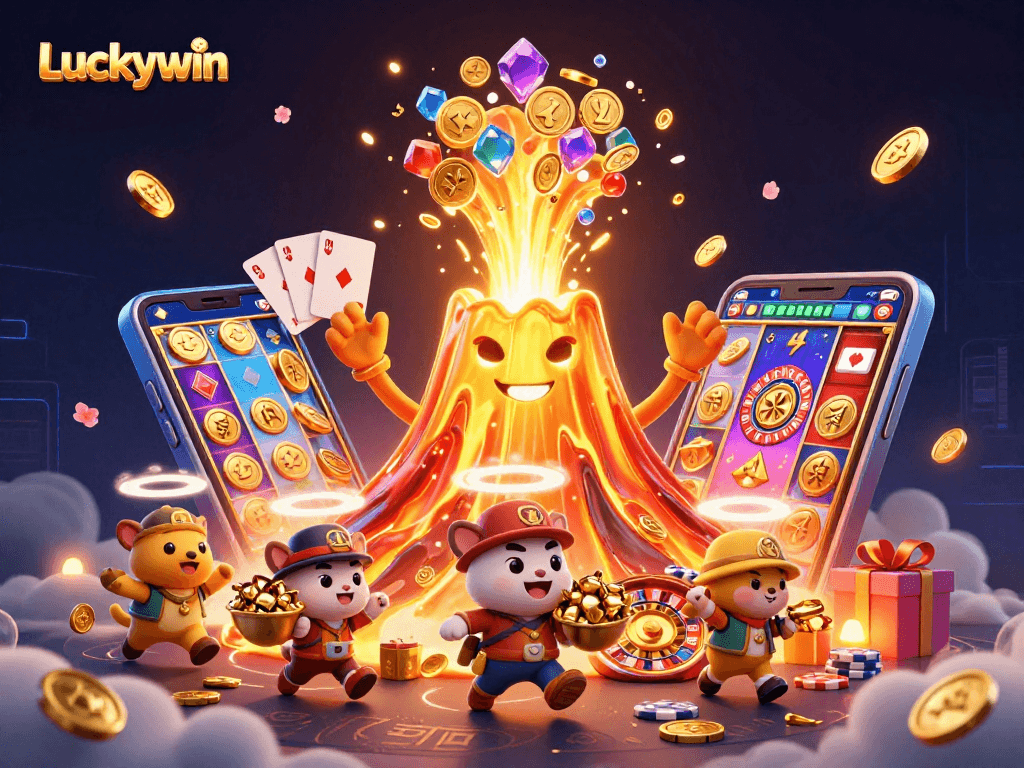 Luckywin delights players with vibrant golden volcano and coins in an exciting casino adventure.
