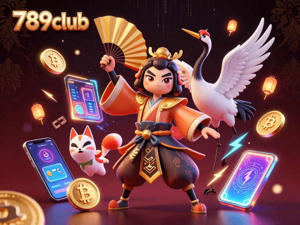 Experience thrilling gaming adventures with 789club's vibrant casino illustration filled with crypto elements.
