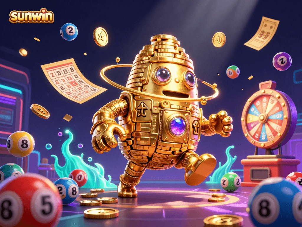Engage with sunwin's vibrant gaming scene featuring a dynamic golden golem amidst lottery excitement.