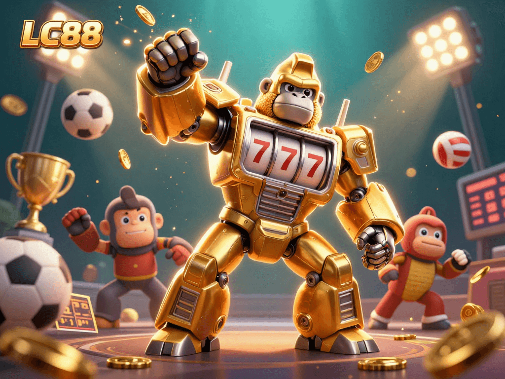 Experience the excitement of LC88's dynamic gaming scene with a golden gorilla mech and sports elements