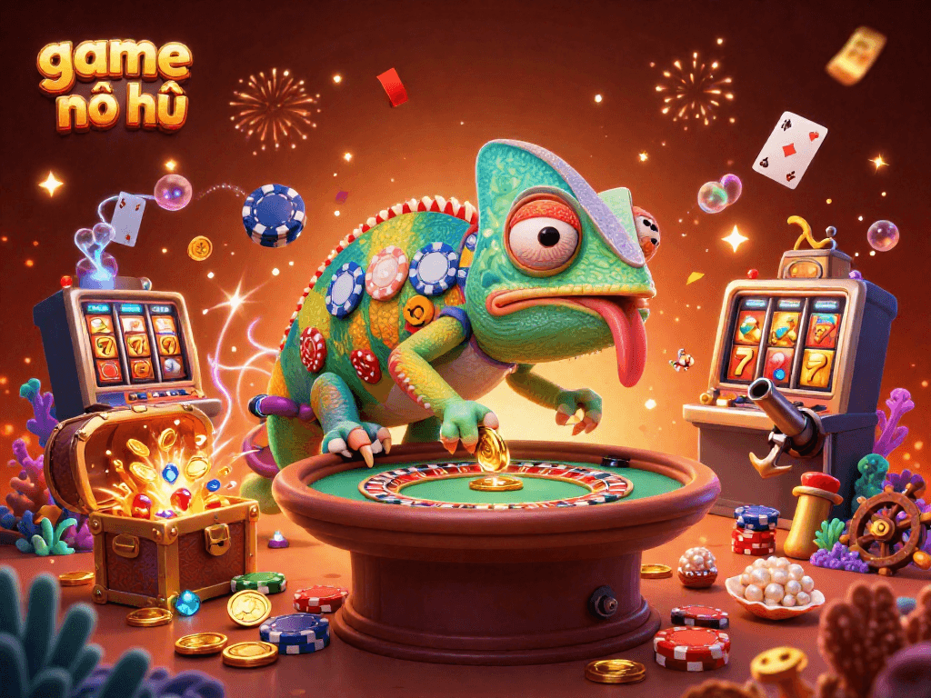 Engaging illustration of game nổ hũ with a chameleon casino owner amid slot machines and gold coins.