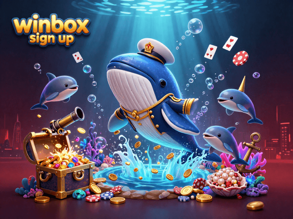 Experience winbox sign up today with a vibrant underwater casino scene featuring playful dolphins, a breaching whale, and treasure.