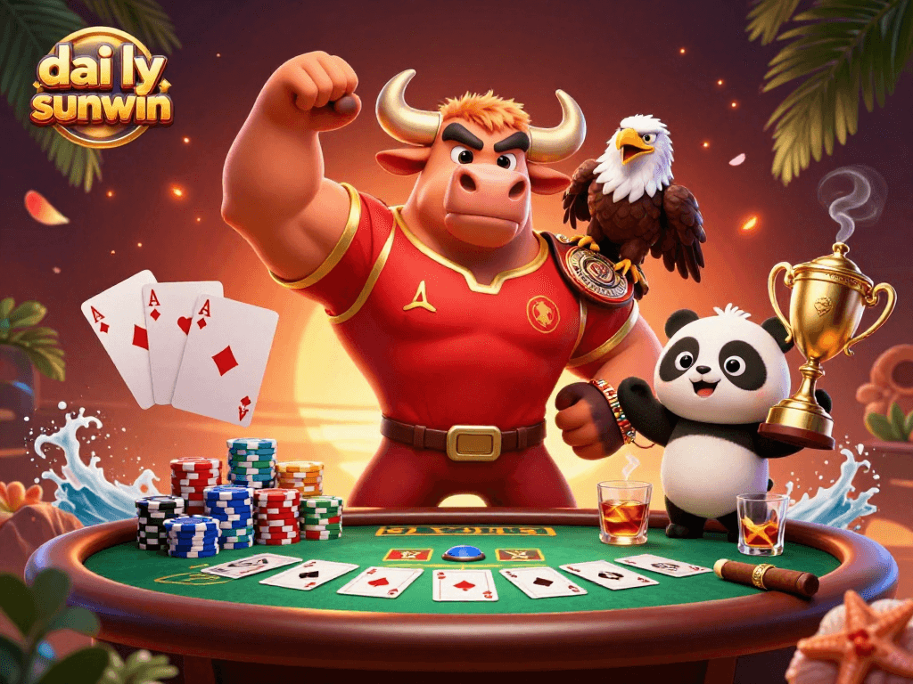 Engage with dai ly sunwin as our bull mascot celebrates victory surrounded by poker elements and winning symbols.