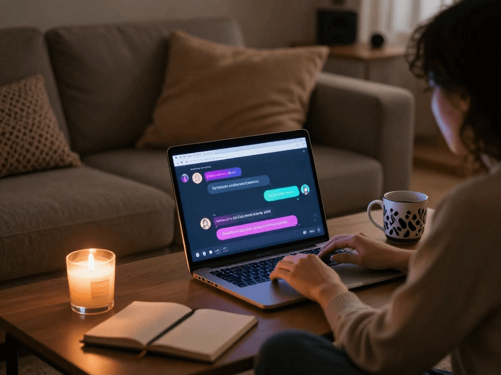 Engaging in nsfw ai chat on a laptop in a cozy setting.