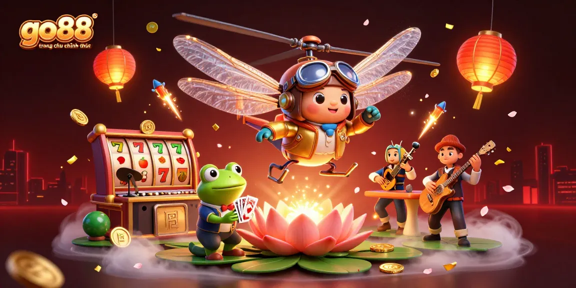 Experience go88 trang chu chinh thuc with a vibrant casino scene featuring a dragonfly pilot and frog dealer.