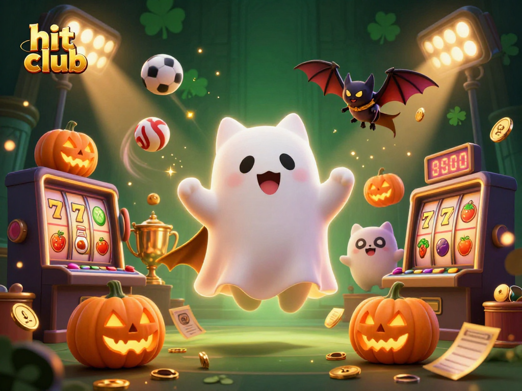 Hit club gaming experience showcasing a friendly ghost cat and vibrant casino elements in a spooky atmosphere.