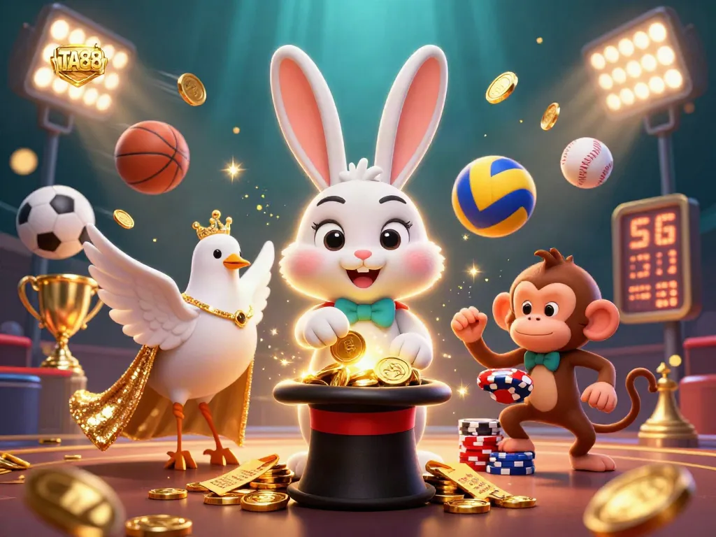 Experience thrilling wins at TA88 with a dynamic illustration of a magician rabbit, a sequined dove, and a playful monkey amidst casino elements.