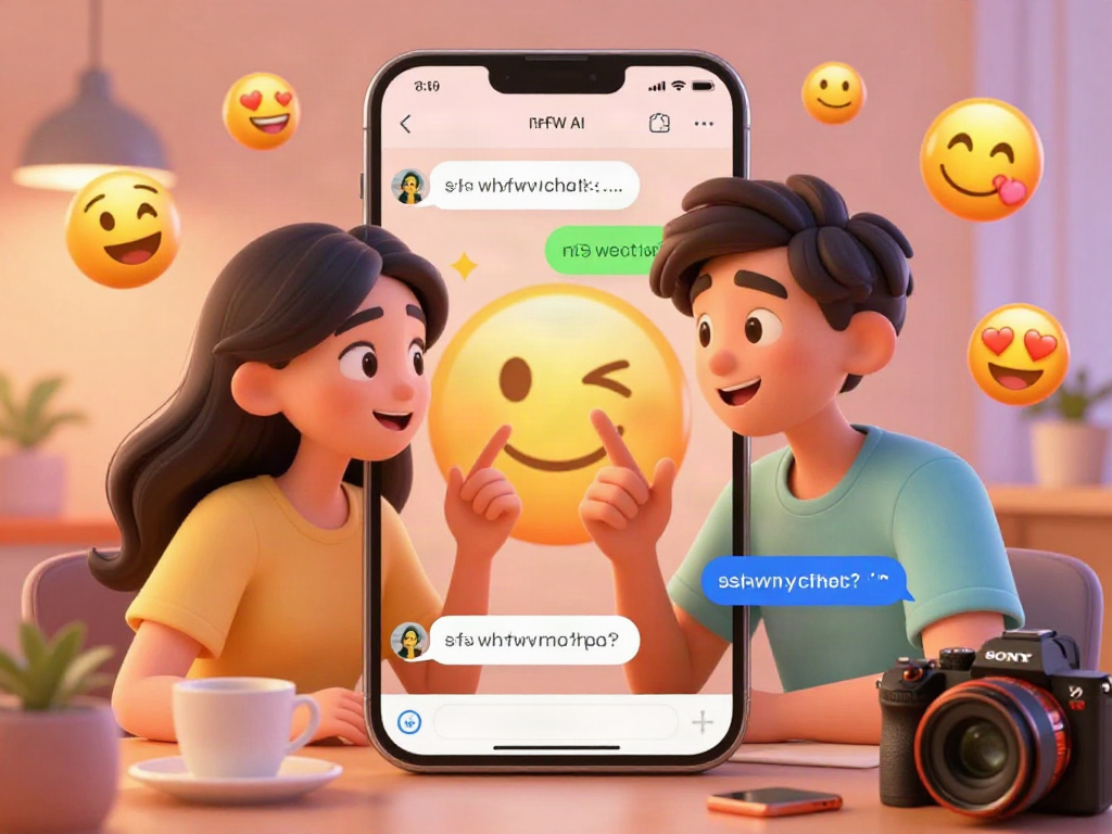Engaging characters in a playful nsfw ai chat scene with vibrant digital elements.