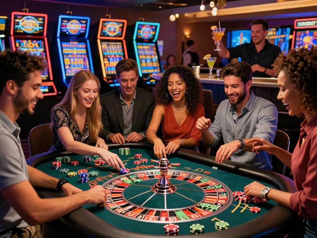 Best casinos not on gamstop with friends enjoying roulette in vibrant casino atmosphere