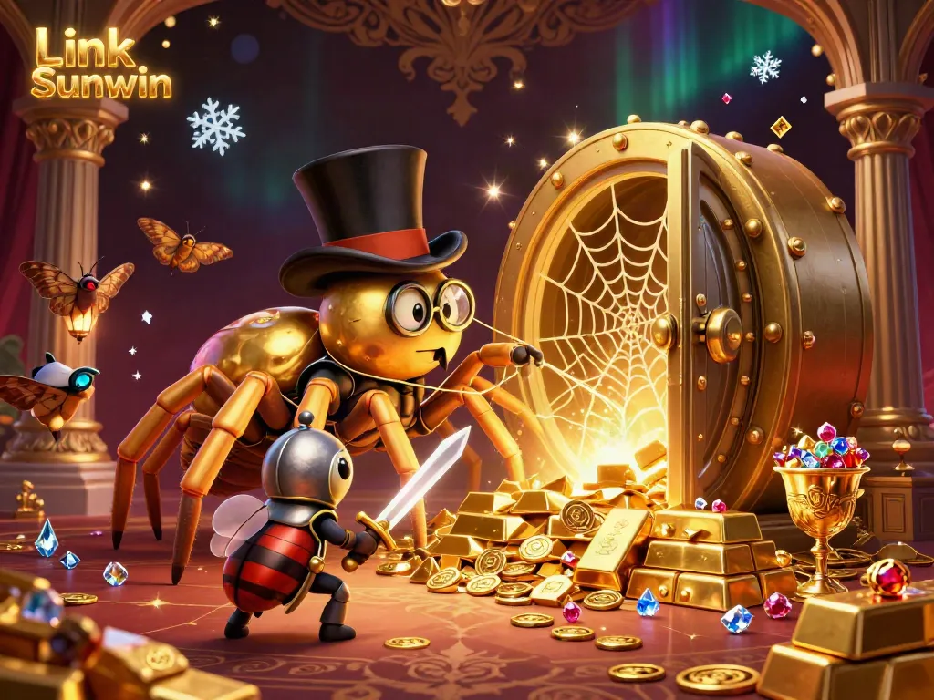 Experience thrilling action with Link Sunwin featuring a giant golden tarantula and a brave beetle knight amid a vibrant casino treasure trove.