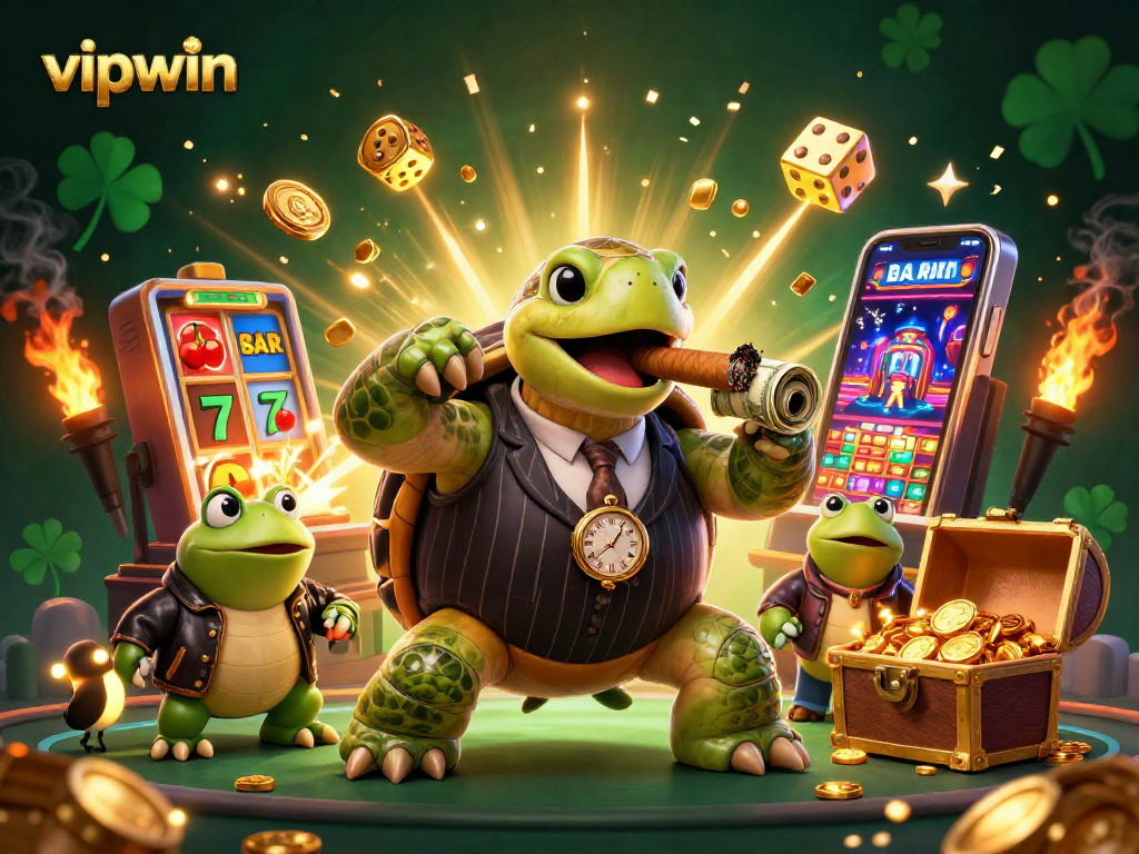 Join the excitement at vipwin casinos, featuring a lively snapping turtle in vintage mobster attire.