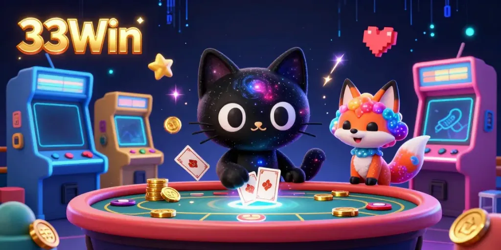 Join the 33Win cosmic casino adventure featuring a black hole cat and nebula fox pulling in golden chips.