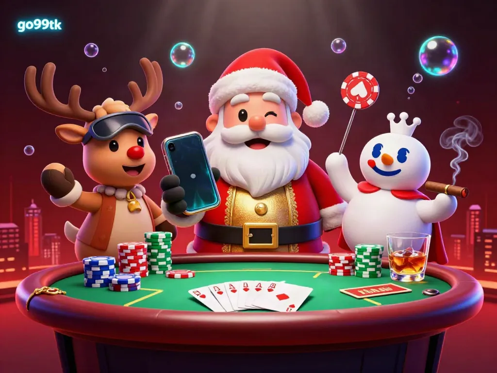 Join the festive fun with go99tk as Santa, a deer dealer, and a poker snowman celebrate in a vibrant casino.