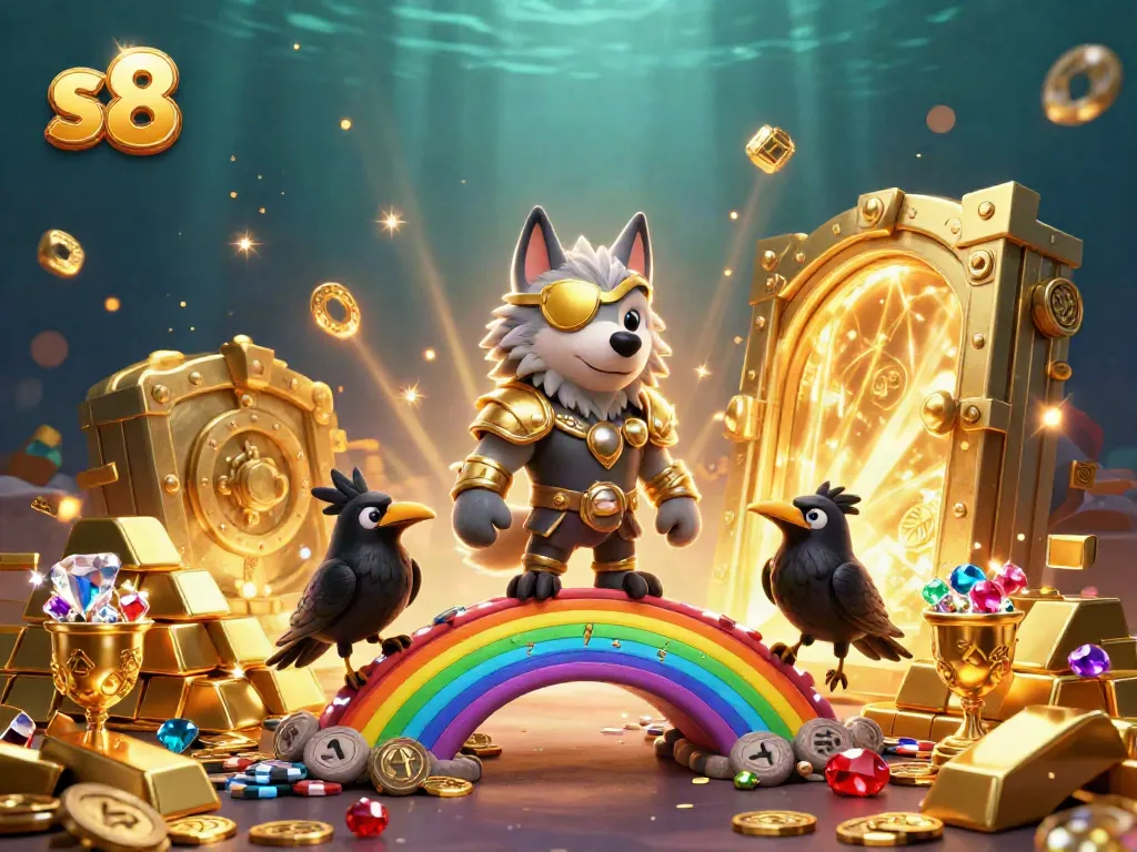 Engaging image of s8 casino with Norse myth characters celebrating over a treasure vault.