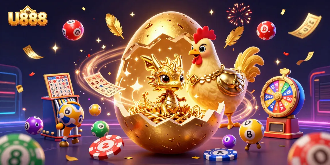 Experience U888's magical gaming ambiance with a golden dragon, poker chips, and vibrant lottery elements.