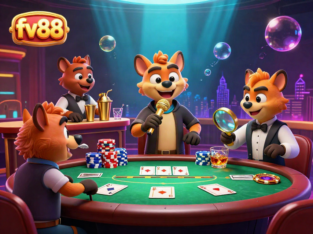 Experience the lively fv88 casino scene with hyena entertainers as a stand-up comedian, bartender, and bouncer in a vibrant atmosphere.