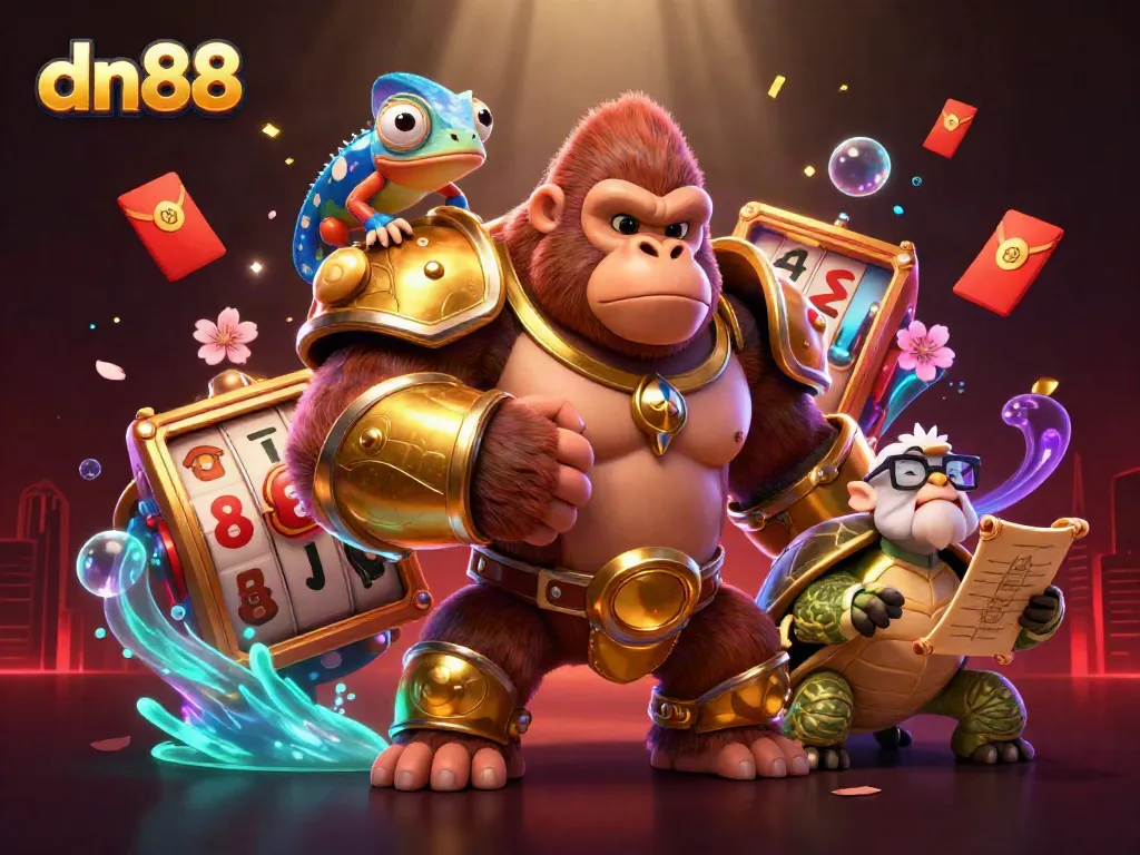 Experience thrilling gameplay at dn88 with an energetic scene of a gorilla king and friends surrounded by vibrant casino elements.