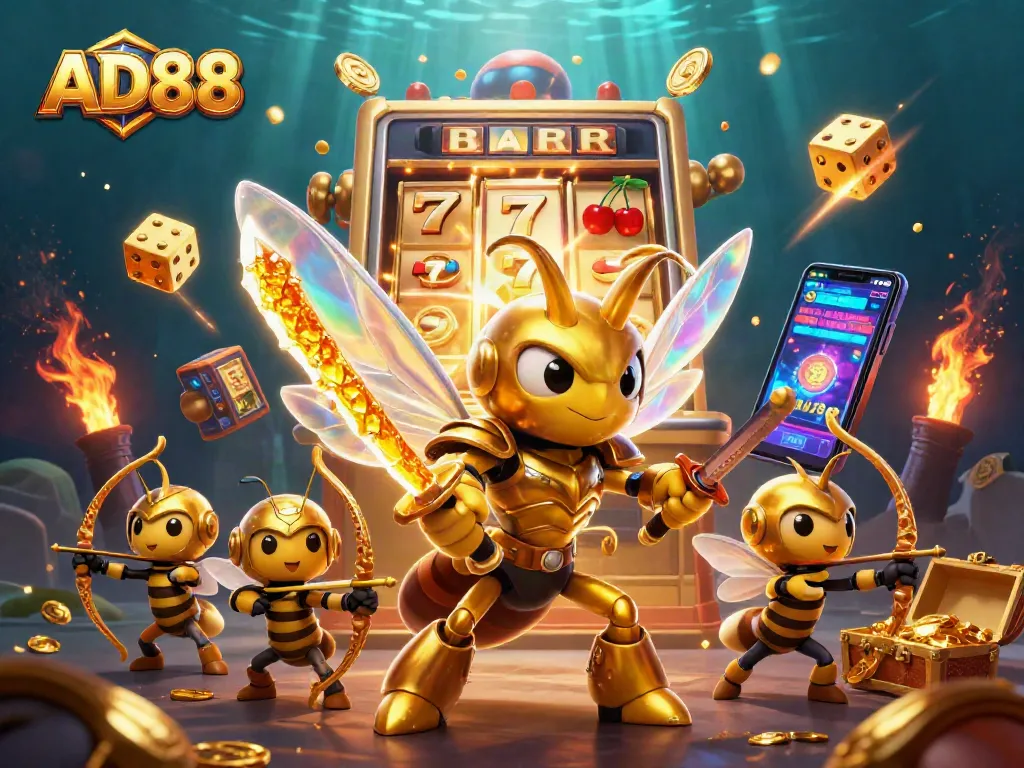 AD88 showcases an exciting casino atmosphere, featuring a samurai hornet and dynamic game elements.
