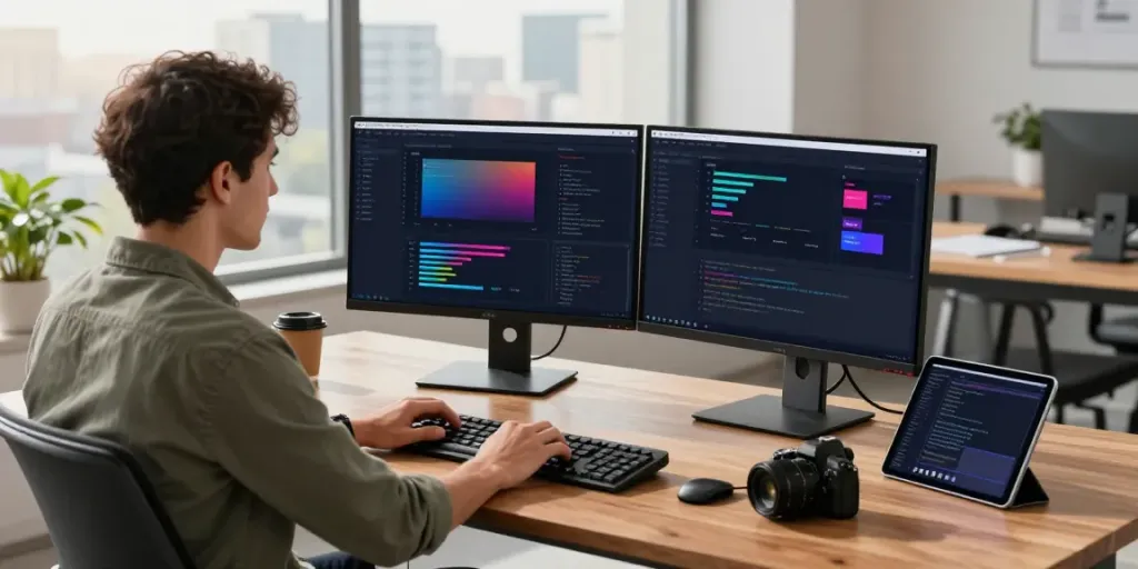 Developer utilizing instant indexing tools at modern desk with dual screens in a productive workspace.