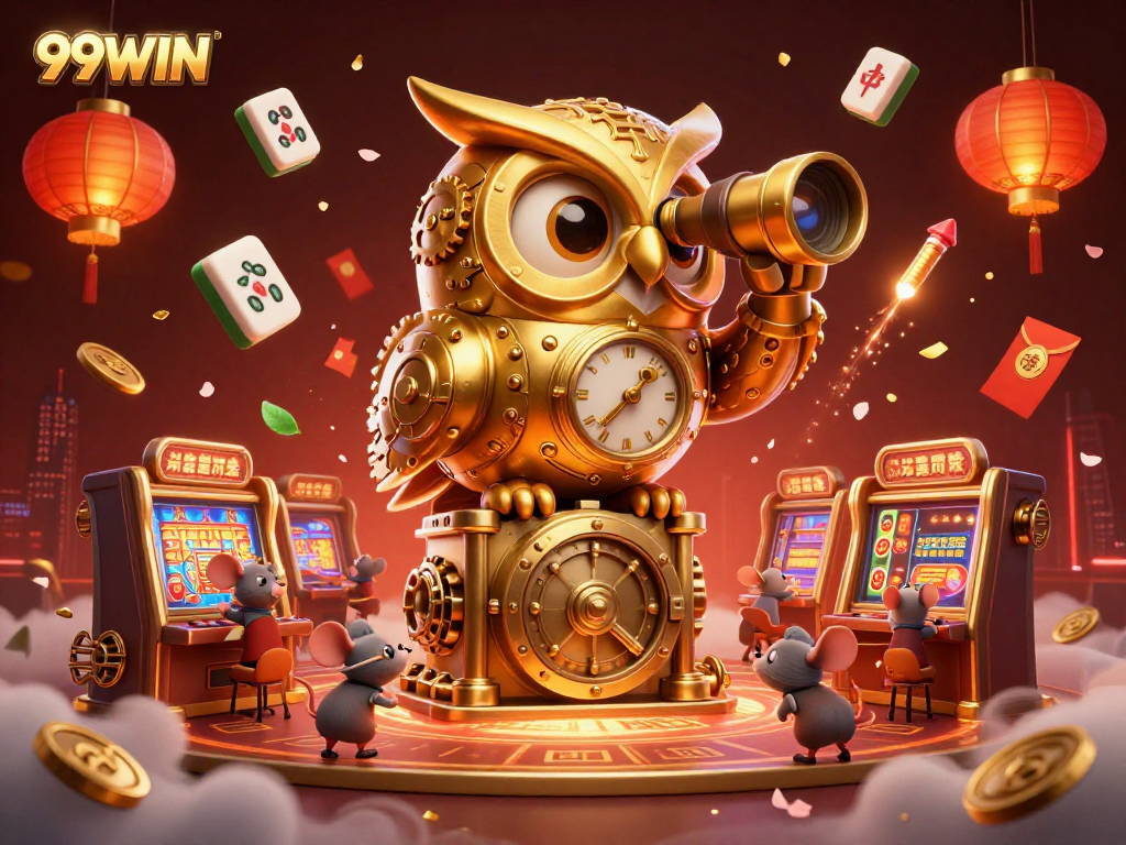 Engage with exciting casino action at 99WIN featuring a cartoon clockwork owl and vibrant slot machines.