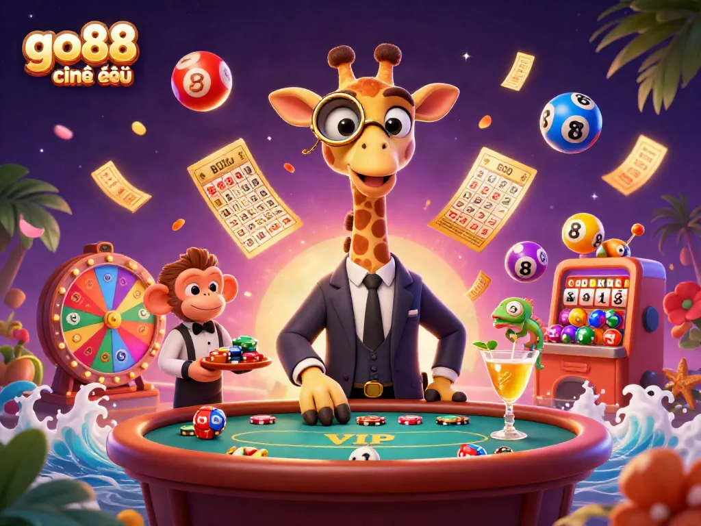 Experience the excitement of go88 chính thức with this vibrant casino scene featuring a high-roller giraffe and lively game elements.