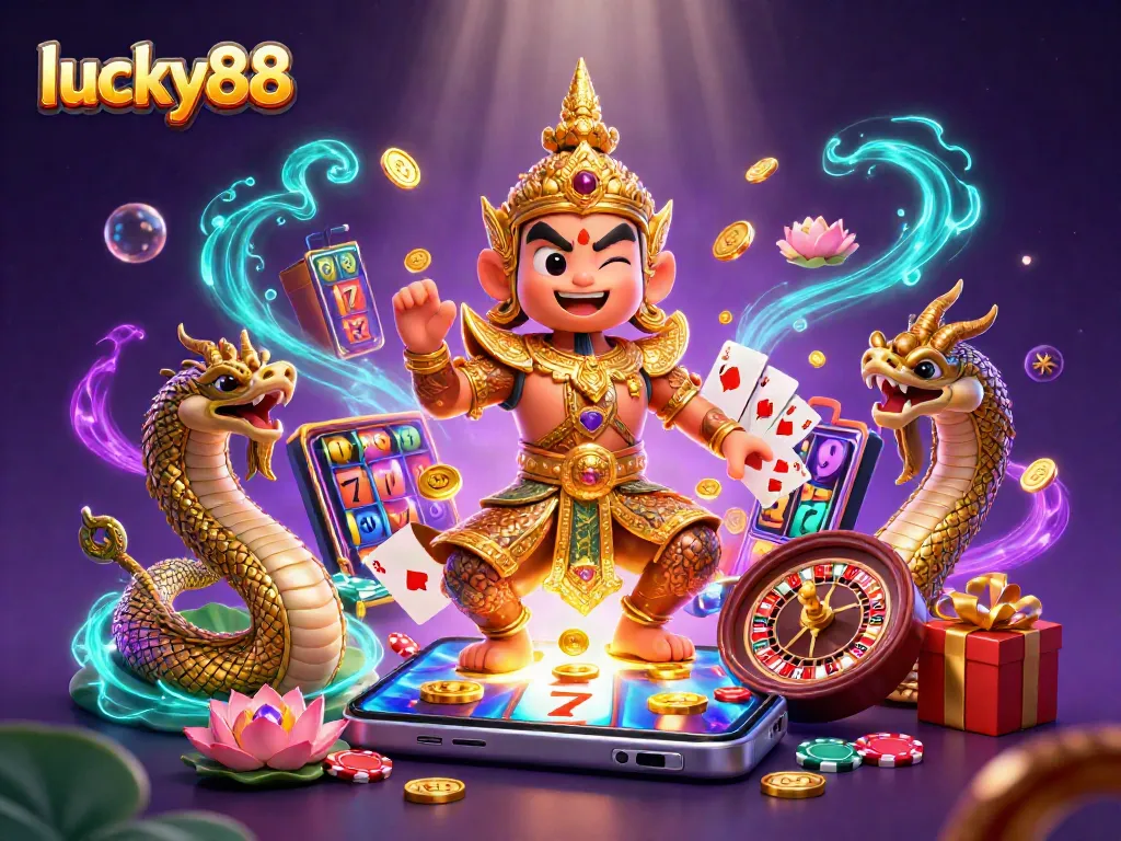 Spin to win with lucky88, featuring vibrant slot reels and dynamic casino elements.