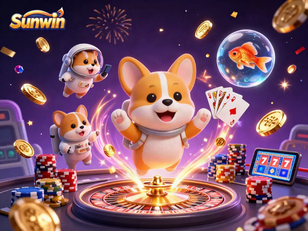 Experience the thrill of Sunwin with a floating 3D corgi in a space casino surrounded by vibrant game elements.