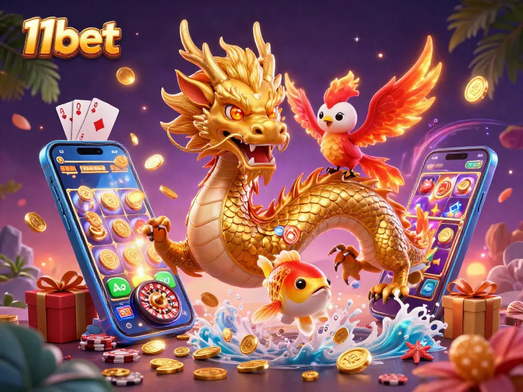 Engage with 11bet's vibrant scene showcasing a golden dragon, phoenix, and koi amidst casino elements.