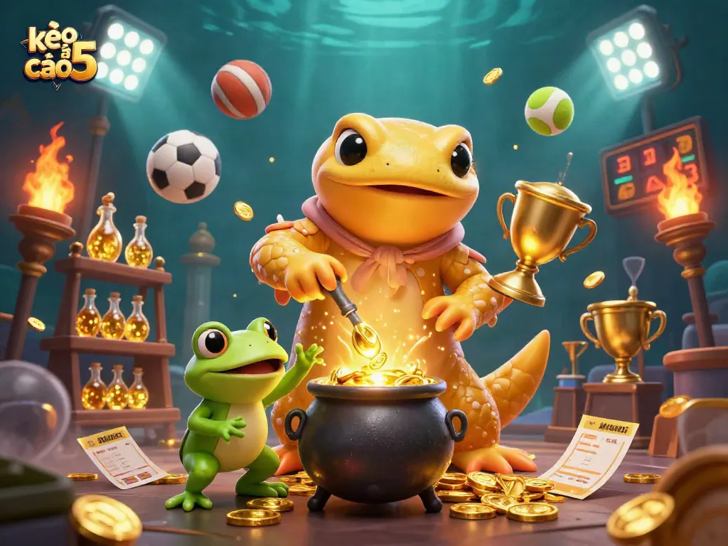 Engage with kèo nhà cái 5 sports betting action in a vibrant 3D illustration filled with dynamic elements.