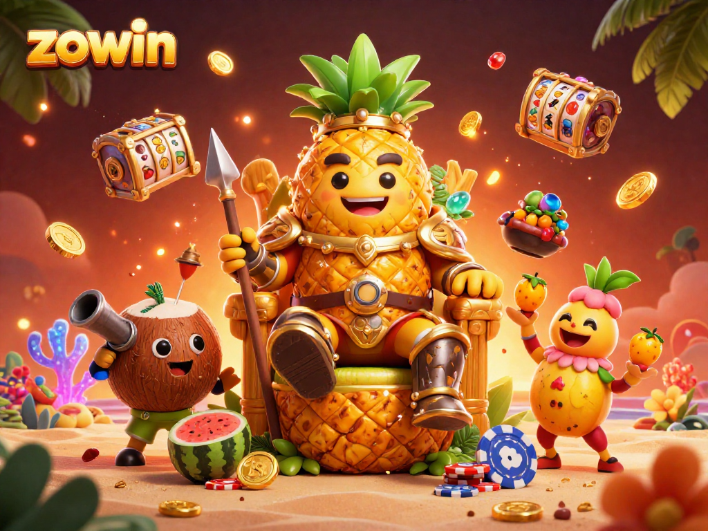 Zowin's vibrant casino scene celebrates fun, featuring slot reels, a golden pineapple king, and lively beach entertainment.