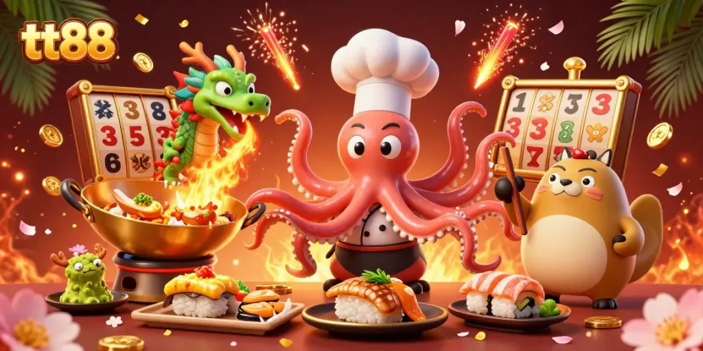 Experience thrilling winnings at tt88 with a vibrant 3D illustration showcasing dynamic slot games and characters.