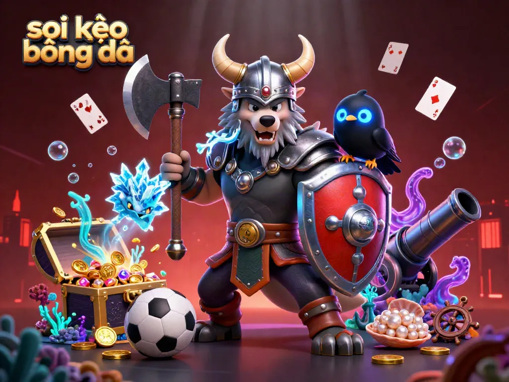 Soi kèo bóng đá scene with Viking wolf warrior, dragon, and raven in a vibrant sports betting environment.
