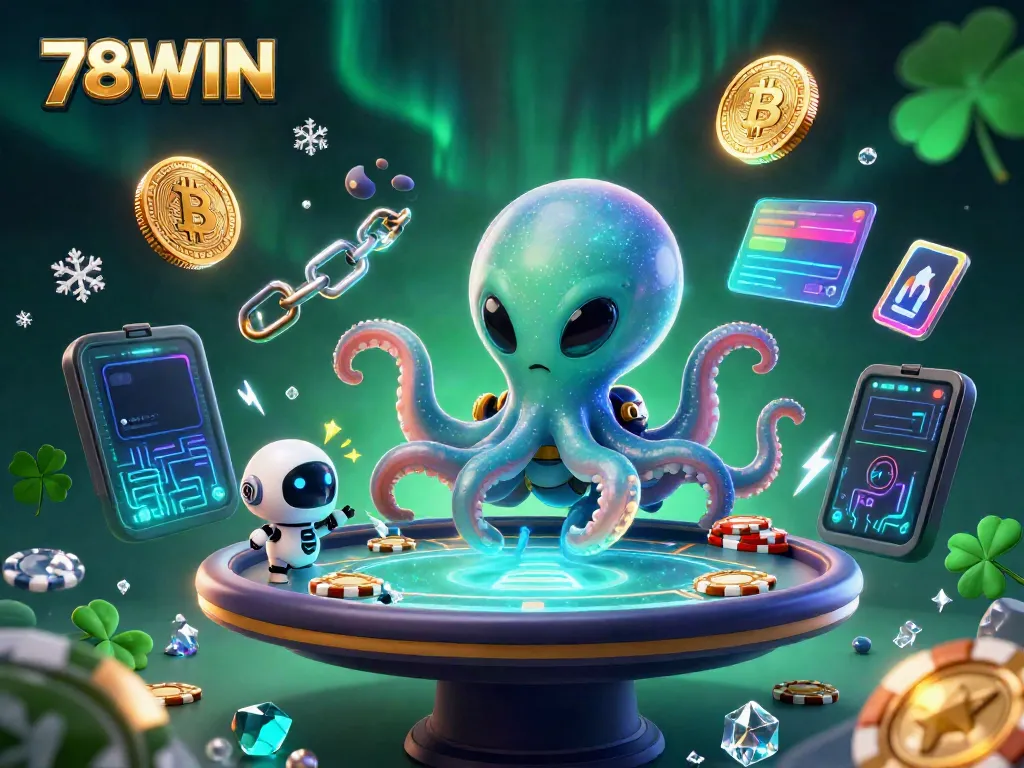 78WIN showcases a playful alien octopus at a holographic poker table with dynamic crypto elements