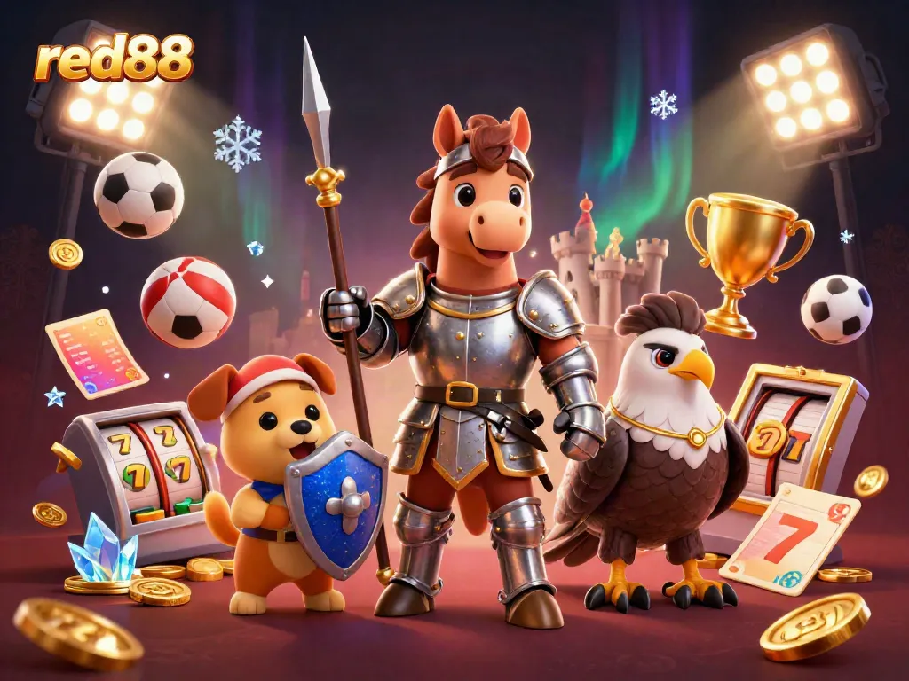 Engage in thrilling gameplay at red88 with an exciting scene featuring knights, sports elements, and jackpot excitement.