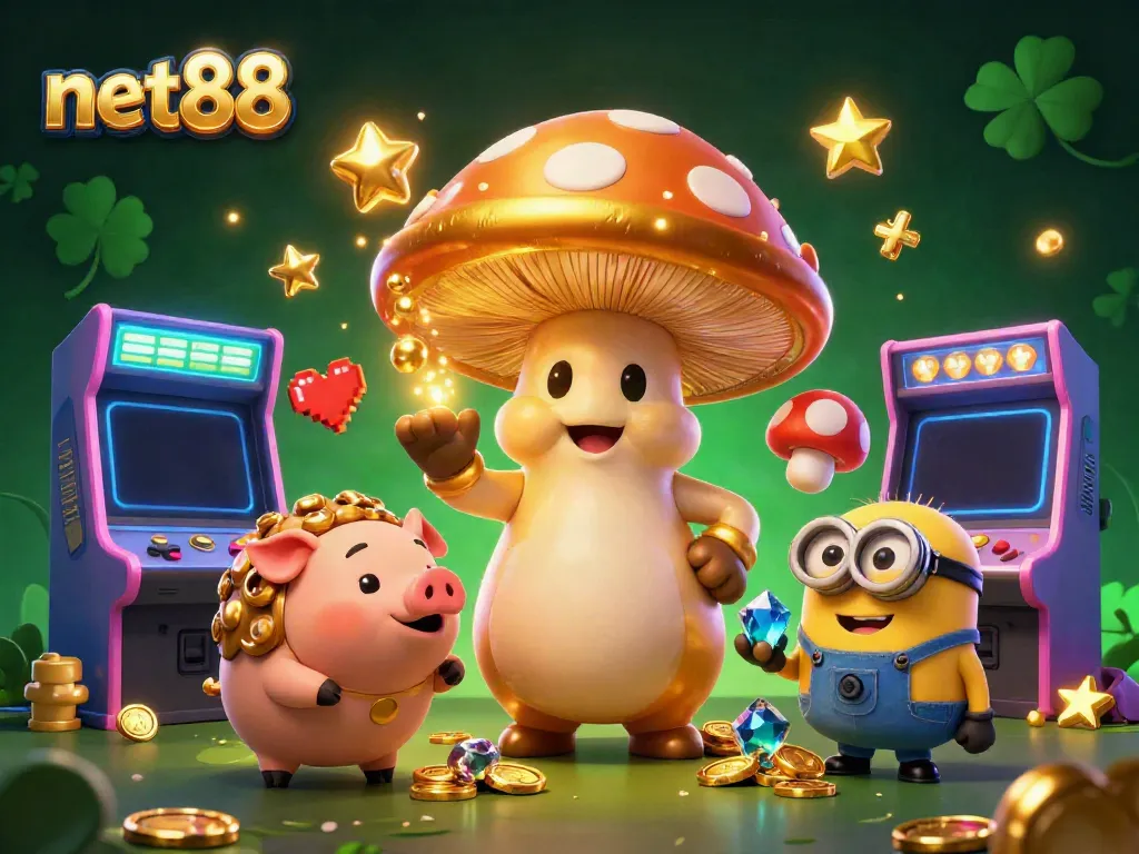 Engage in gaming strategy with net88, featuring a golden mushroom wizard amidst vibrant casino elements.