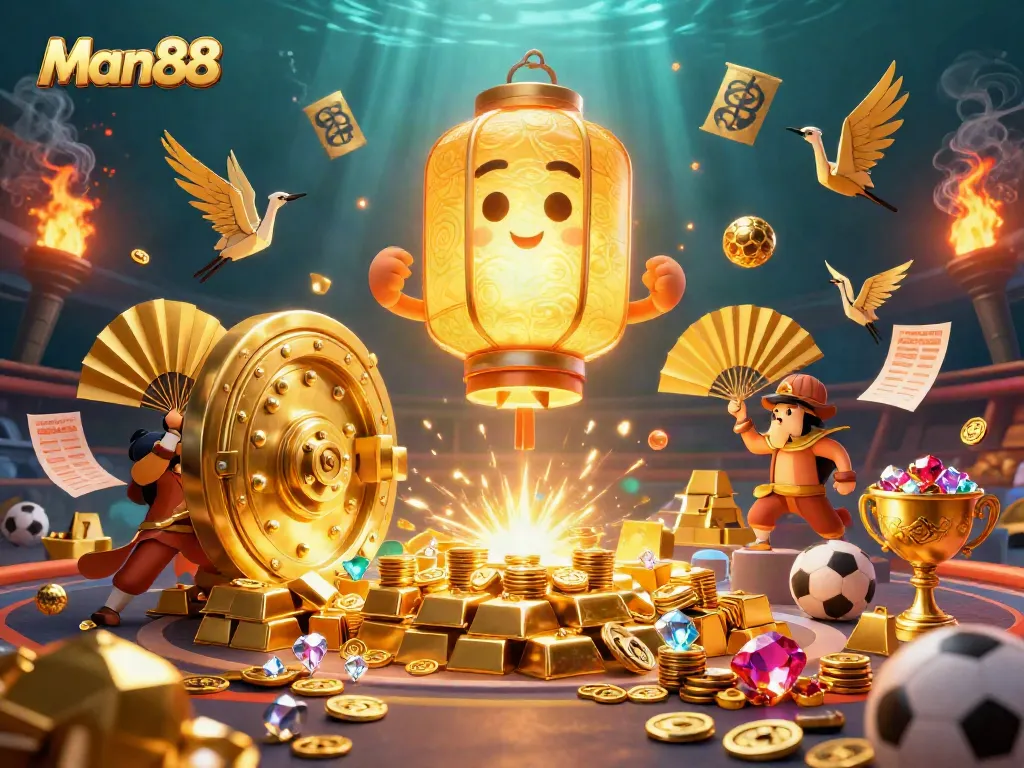 Man88 delivers dynamic sports betting excitement surrounded by golden treasures and lucky symbols.