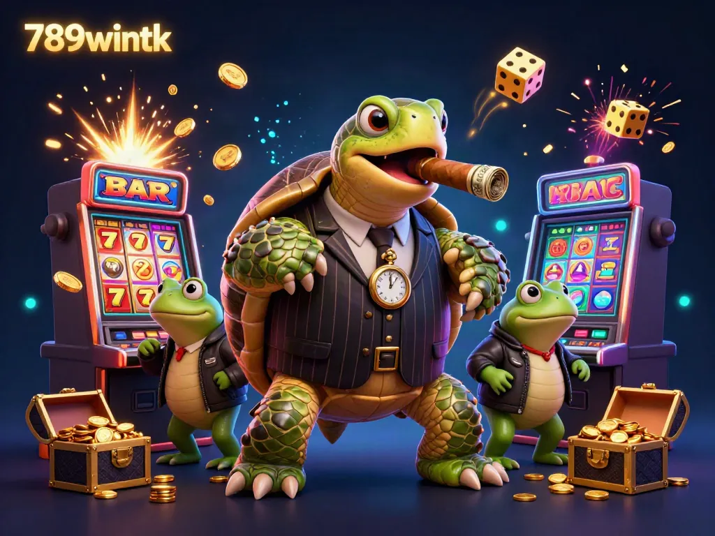 Experience thrilling gameplay at 789wintk with a dynamic casino scene featuring an animated turtle and bullfrog characters.