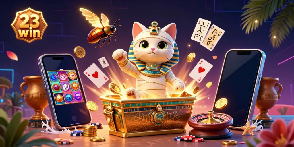 Experience the thrilling world of the 23 win casino with cartoon Egyptian mummy cat and golden gaming elements.