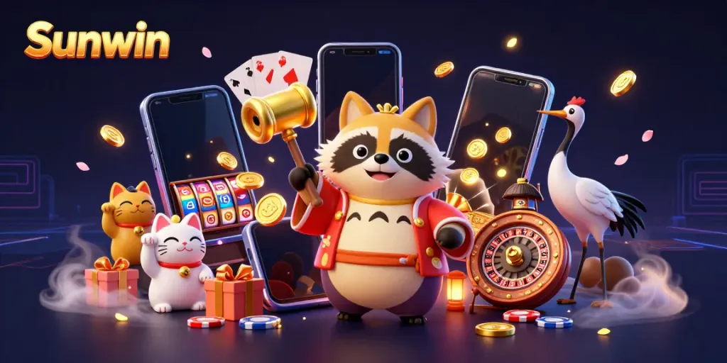 Engage with Sunwin's gaming experience through a vibrant 3D illustration featuring a cheerful tanuki and lucky symbols of fortune.