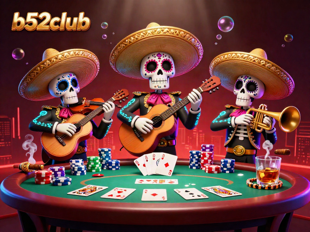 Engage in winning strategies at b52club with a vibrant poker scene featuring lively mariachi characters.