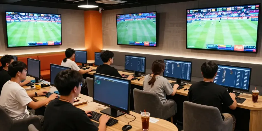Engaging sports betting atmosphere at https://zbet.cymru/ with fans interacting in a lively lounge.