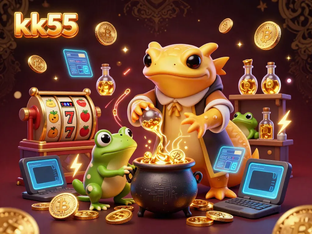 Spin the reels with kk55's vibrant casino atmosphere, featuring golden characters and neon elements.