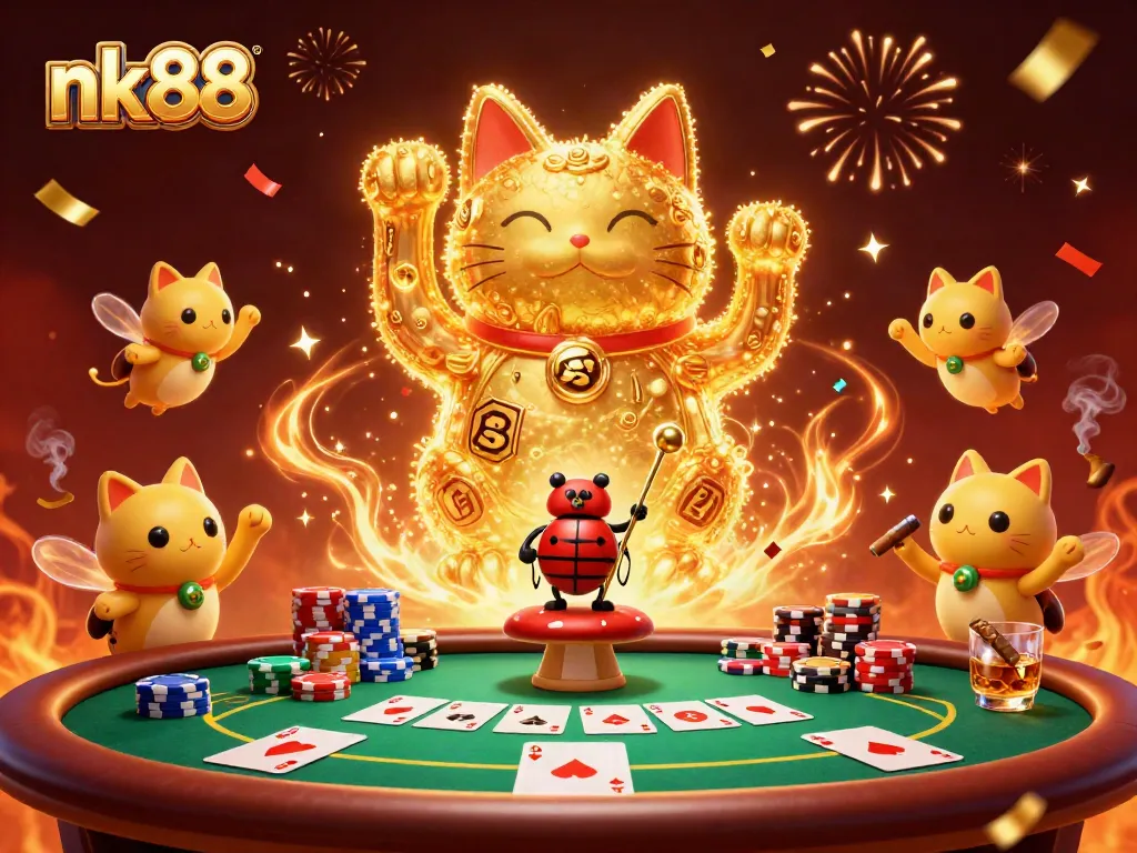Engage with nk88's exciting gaming experience through an immersive 3D lucky cat illustration.
