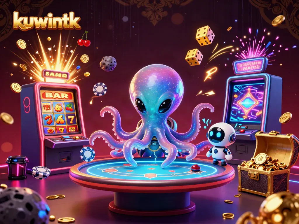 Play exciting games at kuwintk with a vibrant 3D illustration showcasing an alien octopus and casino action.