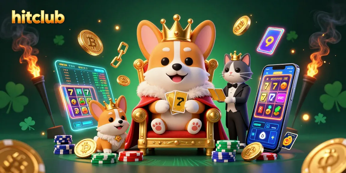 Hitclub's royal corgi surrounded by Bitcoin coins and slot elements showcases casino wealth.
