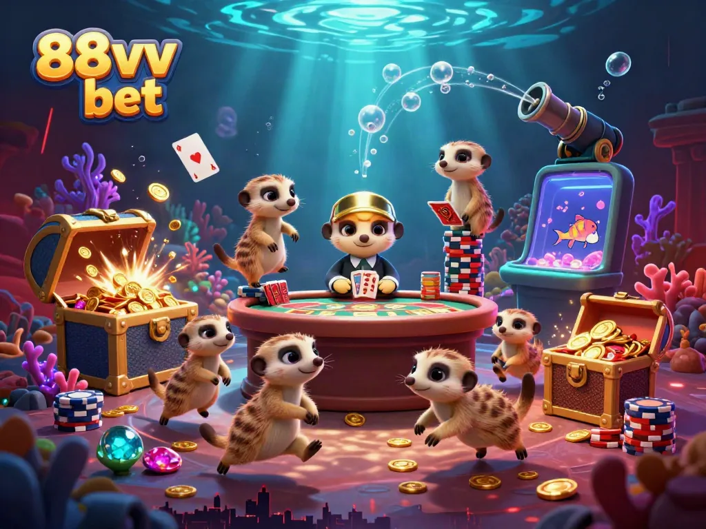 Vibrant illustration of meerkats managing a casino operation, highlighting the 88vv bet brand.