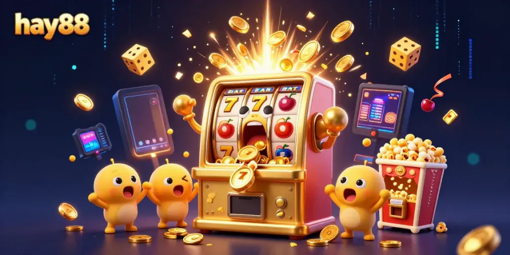 Experience excitement with hay88's lively jackpot scene filled with coins and cheerful slot machines.