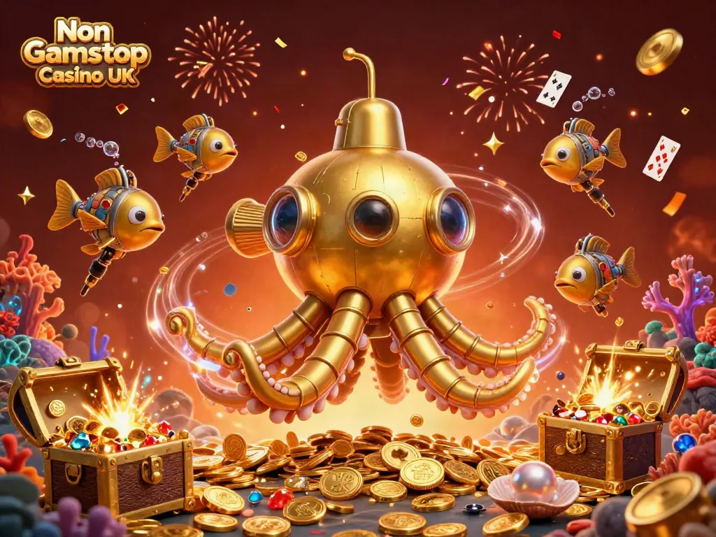 Engage with thrilling games at Non Gamstop Casino UK featuring a golden kraken submarine in a treasure-filled scene.